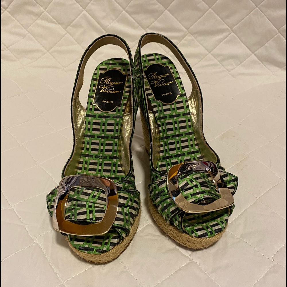 Roger Vivier Green Basketweave Slingback Espadrille Wedges